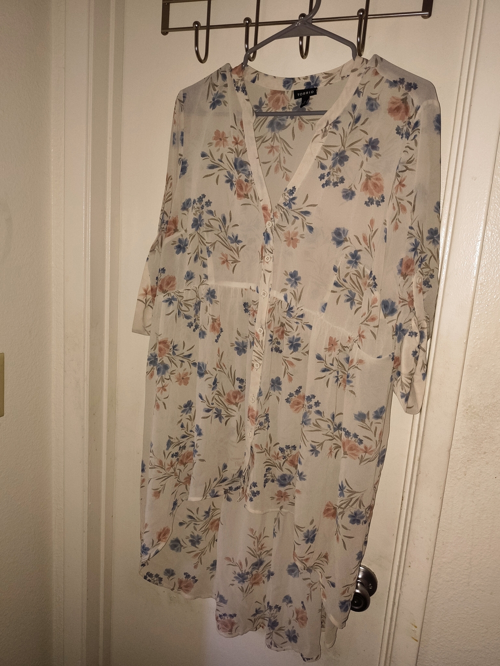 torrid Cream Floral Button-Front Midi Blouse Dress with Blue & Peach Blooms